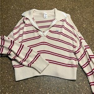 PINK Victoria's Secret Cream and Red Striped V-Neck Sweater